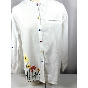 Camisa Women's White Floral Blouse Roll Up Sleeves Pearl Spring Buttons Size XL‎